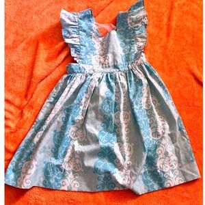 Eleanor Rose Girls Blue White Damask Ruffle Velma 530 Apron Dress Size 6-7